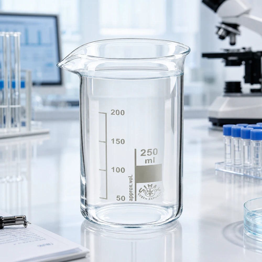 Becher da laboratorio trasparente da 250 ml, forma alta, in vetro borosilicato SIMAX con graduazione bianca