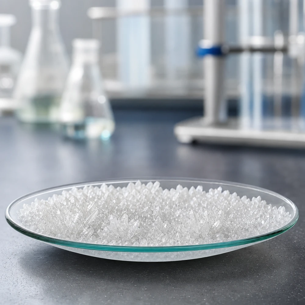 Piastra di vetro per orologi Ø 60 mm Piatto rotondo in vetro da 60 mm riempito di cristalli bianchi in un ambiente di laboratorio professionale