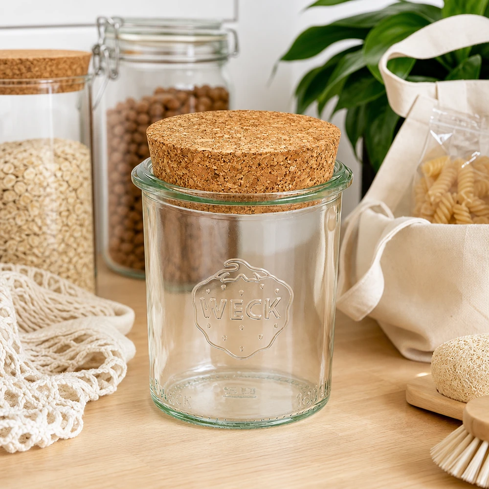 Bicchieri da 160 ml WECK RR60 con tappo in sughero naturale Barattolo WECK 160ml RR60 con coperchio in sughero in cucina sostenibile a spreco zero tra barattoli e tessuti naturali