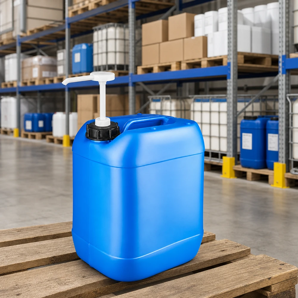 Tanica 20 litri blu con pompa dosatrice Tanica blu da 20 litri con pompa dosatrice su pallet di legno in magazzino