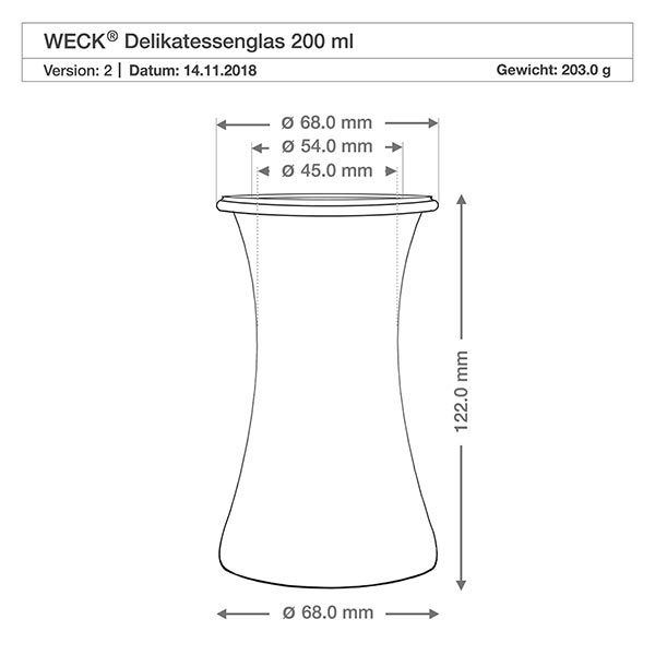 Vasetto da 200 ml WECK RR60 con sfera in legno di faggio Palla di legno di faggio Disegno tecnico del vasetto per salumi WECK 200ml RR60 con dimensioni di 68 mm di diametro e 122 mm di altezza