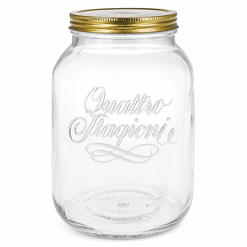 Vaso rotondo Quattro Stagioni da 3000 ml vuoto con coperchio a vite dorato e logo in rilievo su sfondo bianco