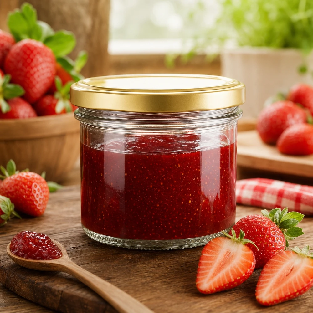 Bicchieri da 125 ml con coperchio BasicSeal oro UNiTWIST 125ml Sturzglas mit goldenem BasicSeal Deckel gefüllt mit Erdbeermarmelade auf Holzbrett mit frischen Erdbeeren