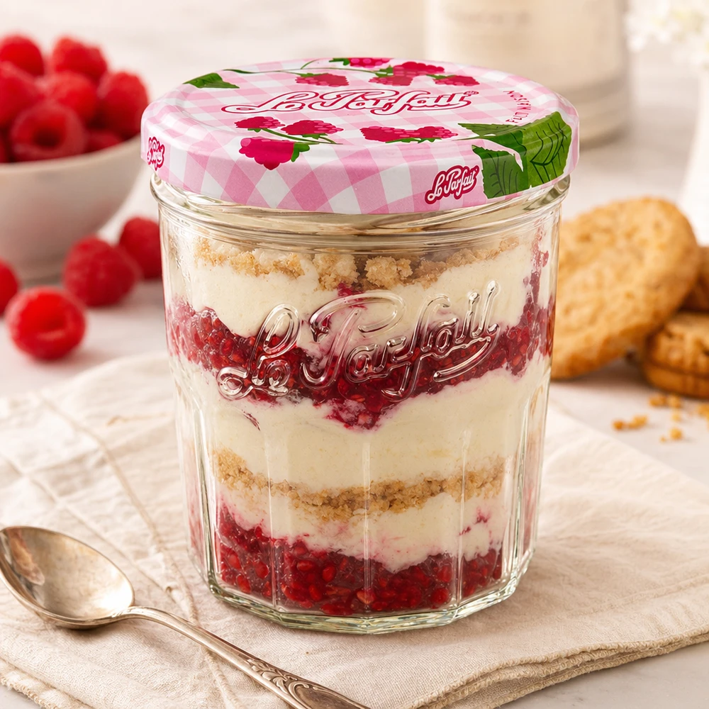 Bicchierini Le Parfait da 324 ml con dessert al lampone e mascarpone e coperchio a vite decorativo accanto a cucchiaio e biscotti