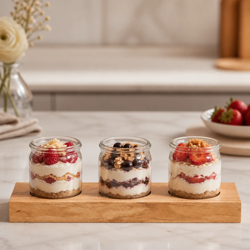 Tavola da portata Plano3 con tre vasetti WECK riempiti di dessert allo yogurt e frutti di bosco su un bancone da cucina in marmo