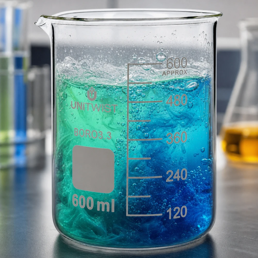 Bicchiere da laboratorio UNiTWIST da 600 ml in borosilicato con reazione cromatica verde-blu e formazione di bolle