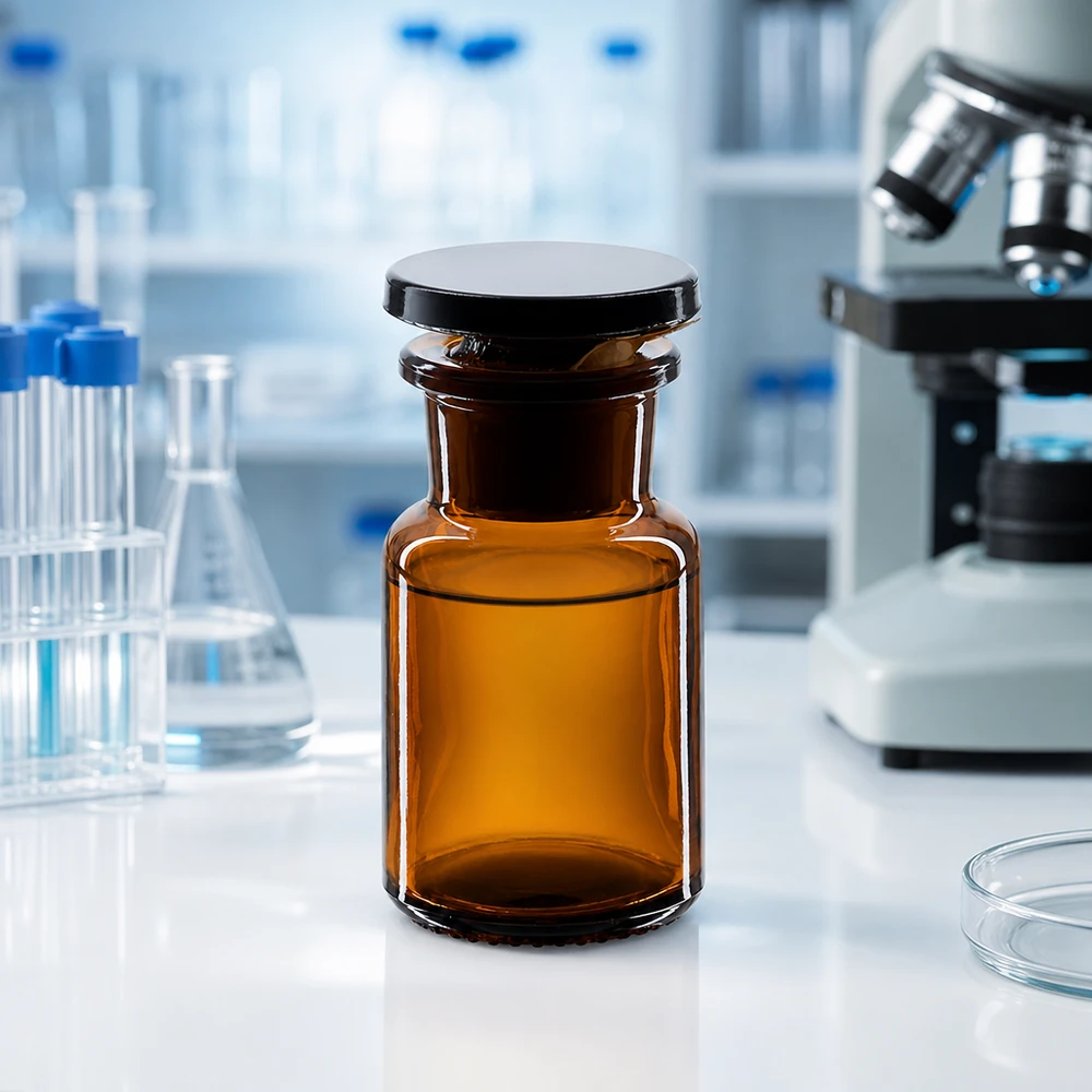 Flacone con protezione dalla luce da 50 ml a collo largo con tappo in vetro, per uso professionale in laboratorio