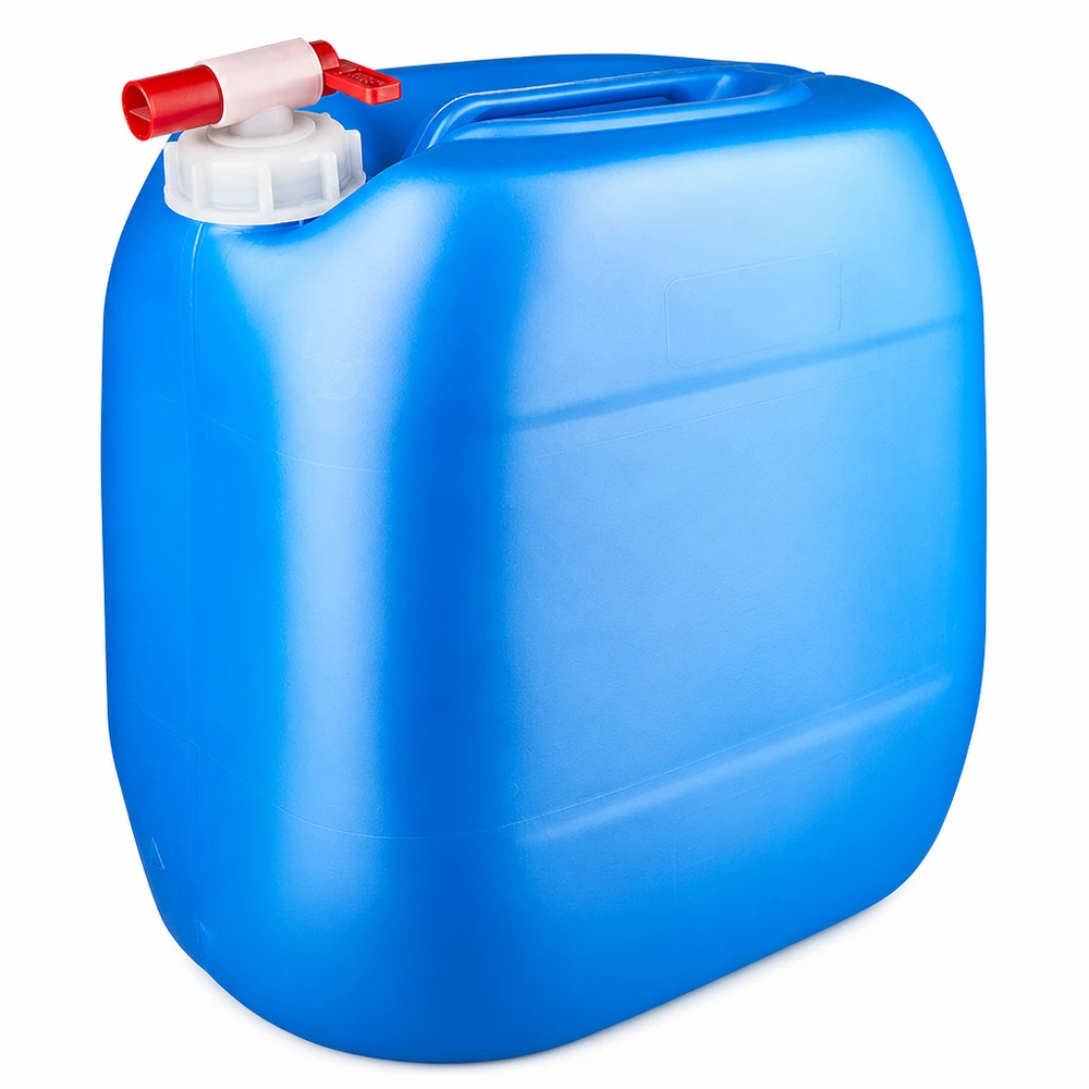 Tanica 30 litri blu con rubinetto di scarico Tanica in plastica blu da 30 litri con rubinetto rosso e tappo a vite bianco