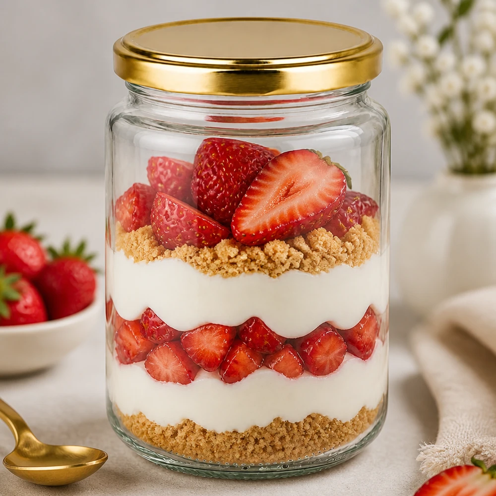 Bicchiere rotondo da 382 ml con coperchio dorato come bicchiere da dessert con fragole e briciole di biscotti in un elegante ambiente di cucina