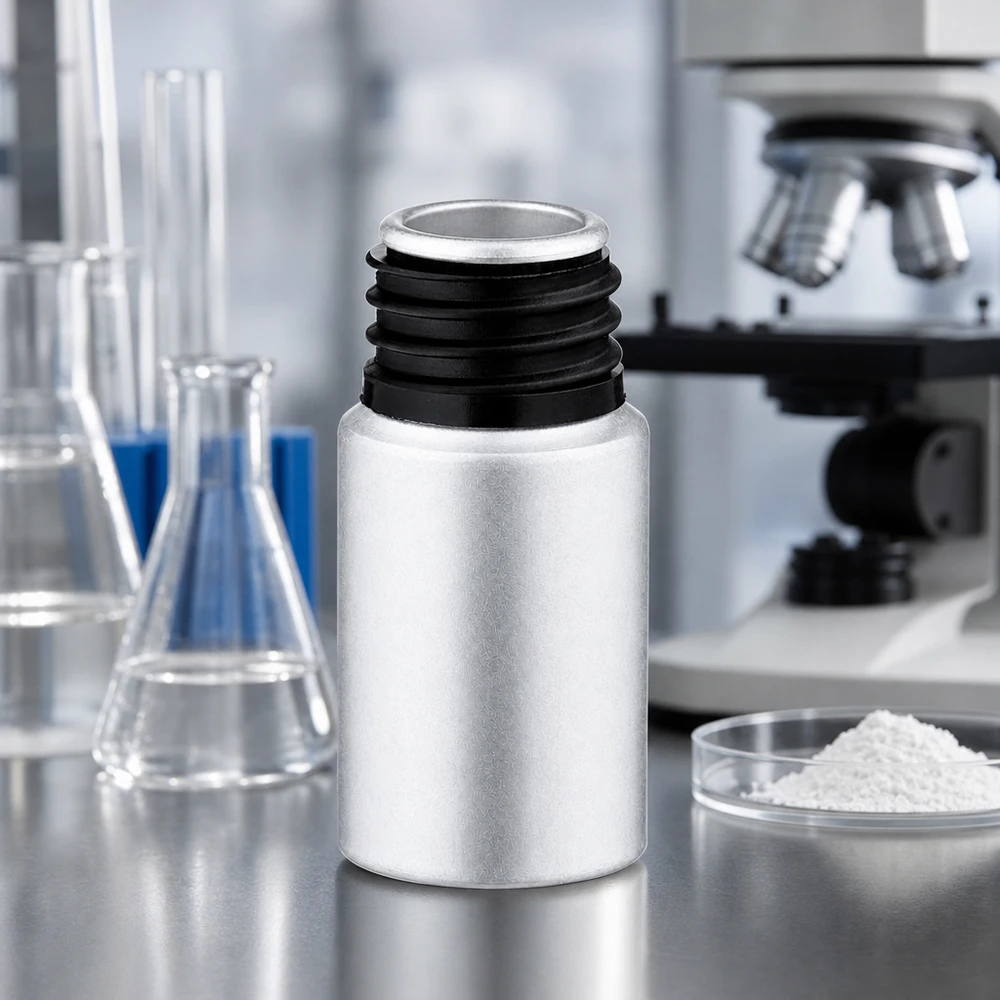 Bottiglia per campioni leggera da 10 ml in alluminio con tappo nero per scopi scientifici