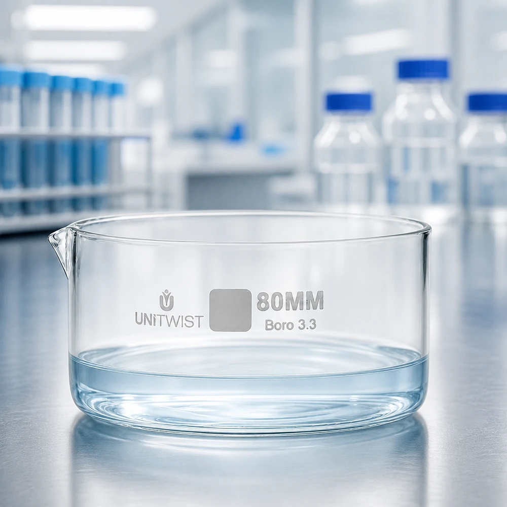 Piatto per cristallizzazione ø80 mm in vetro borosilicato UNiTWIST Vaschetta di cristallizzazione da 80 mm in vetro borosilicato 3.3 UNiTWIST con acqua su una superficie in acciaio inossidabile in laboratorio