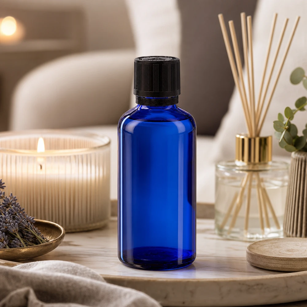 Contagocce blu da 50 ml. OV KiSi Bli nero/1mm ApoGlas Flacone contagocce da 50 ml in vetro da farmacia blu cobalto con tappo di sicurezza nero, su vassoio in marmo