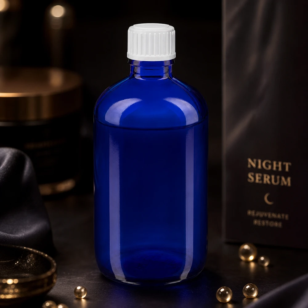 Flacone contagocce resistente alla luce da 100 ml, colore blu cobalto, con inserto dosatore di precisione da 0,9 mm per sieri