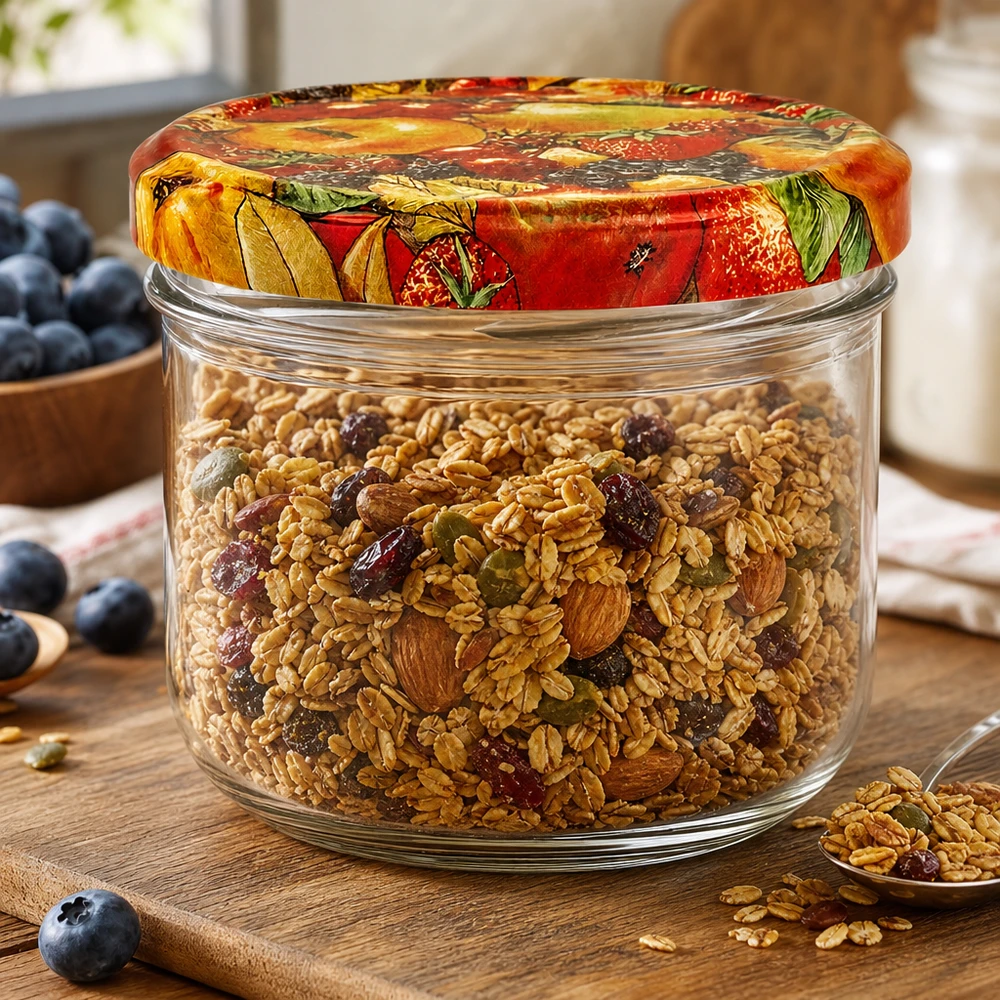 Bicchieri da 260 ml + coperchio BasicSeal per frutta UN.. Barattolo per conserve da 260 ml con coperchio per frutta, riempito con muesli e frutta secca come contenitore per la cucina