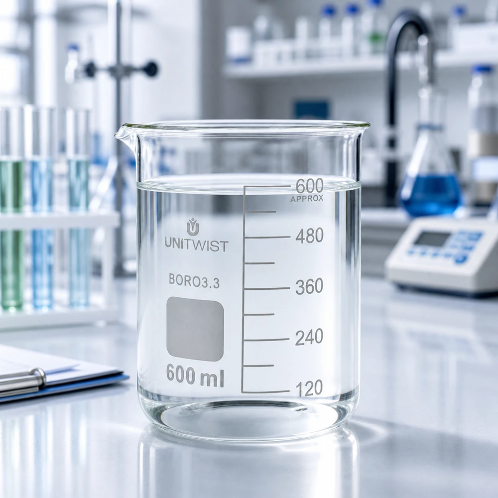 Becher UNiTWIST vuoto da 600 ml in borosilicato 3.3, forma bassa, trasparente, da laboratorio