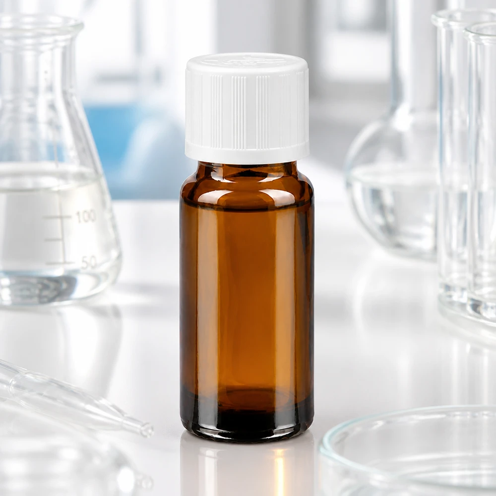Flacone di vetro da 10 ml color ambra con tappo di sicurezza bianco in ambiente di laboratorio