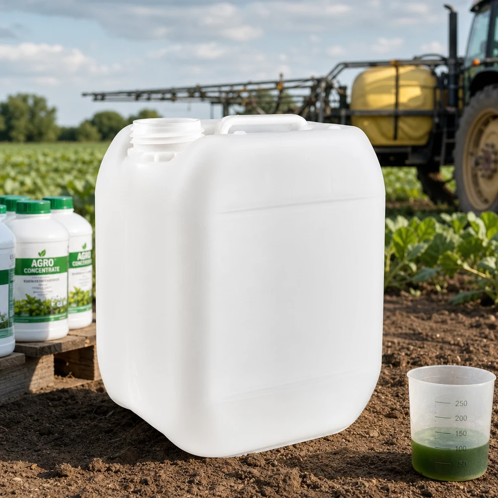 Tanica da 5 litri senza tappo Tanica da 5 litri senza tappo utilizzata in ambito agricolo insieme alle bottiglie di Agro Konzentrat