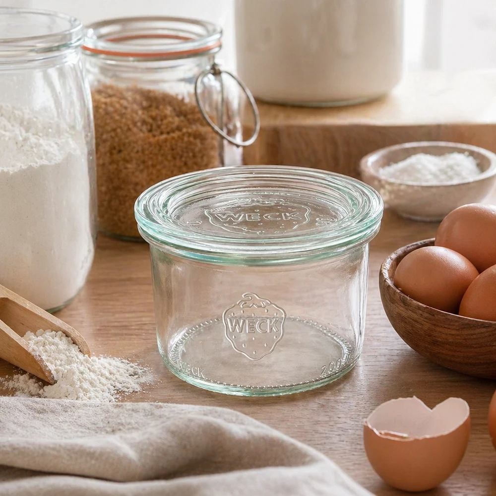 Bicchieri da 200 ml con coperchio in vetro WECK RR80 WECK 200ml RR80 mason jar con coperchio in vetro in una cucina rustica tra ingredienti da forno, farina, uova e barattoli di stoccaggio