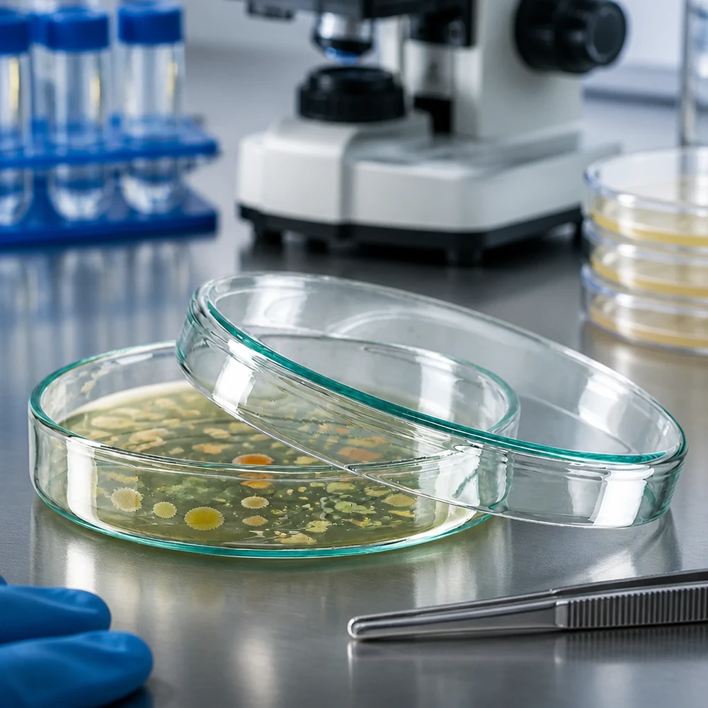 Piastra Petri 100x20mm in vetro Piastra di Petri in vetro da 100x20 mm con colture batteriche su terreno di coltura nel laboratorio di microbiologia