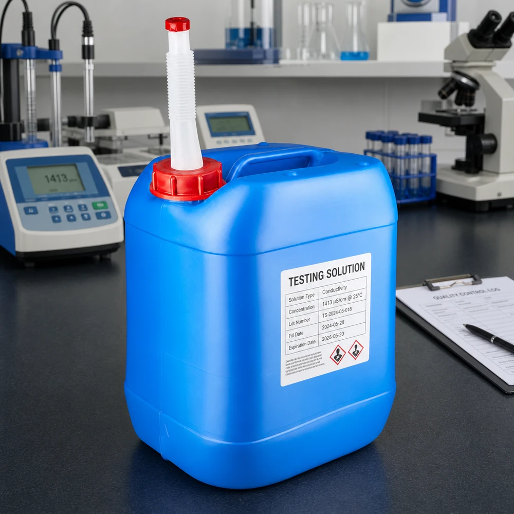 Tanica blu da 20 litri con beccuccio Flex Soluzione di conducibilità 1413 µS in tanica blu da 20 L con tubo di scarico flessibile in laboratorio