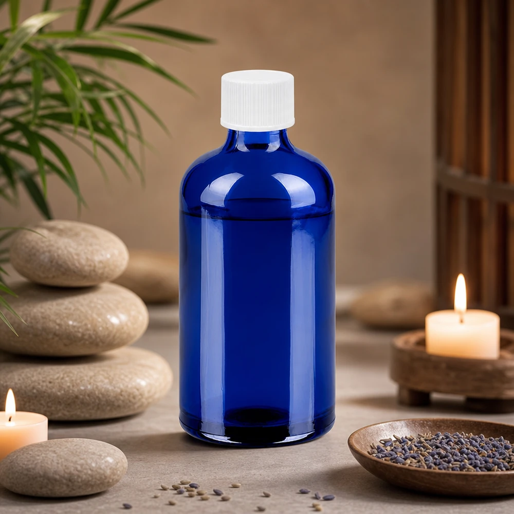 Bottiglia da 100ml 11mm SV bianco STD BlueLine UT18/100 L'elegante flacone da 100 ml in blu cobalto si integra perfettamente con le attrezzature per il benessere e l'atmosfera della spa.