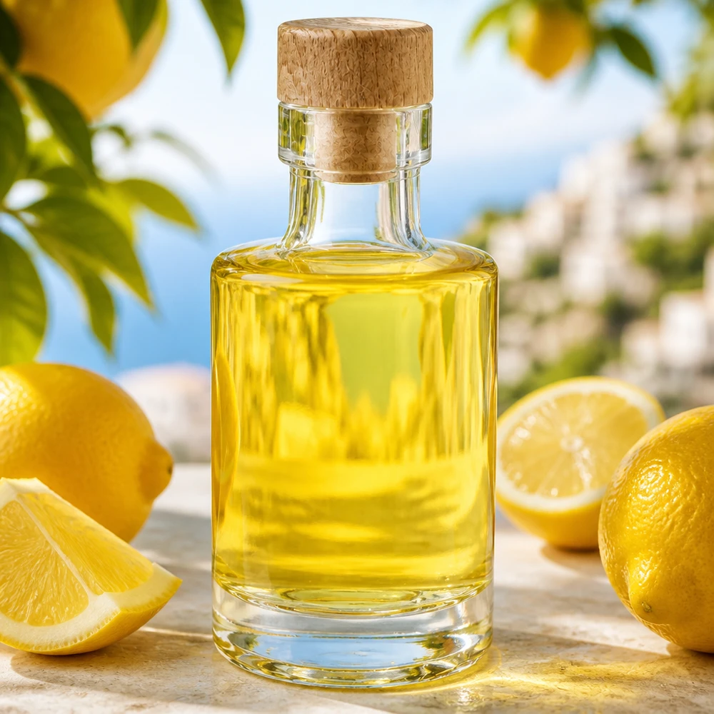 Bottiglia in vetro da 100 ml Marie con tappo in sughero con impugnatura in legno UNiTWIST® Bottiglia da 100 ml in vetro Marie con tappo in legno riempita con olio giallo circondato da limoni in un'atmosfera mediterranea