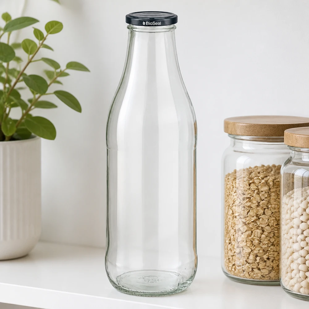 Bottiglia di vetro da 1000 ml + coperchio BioSeal nero UN.. 1000ml bottiglia di vetro BioSeal coperchio nero scaffale cucina farina d'avena bianco fagioli barattoli di stoccaggio coperchio di legno pianta