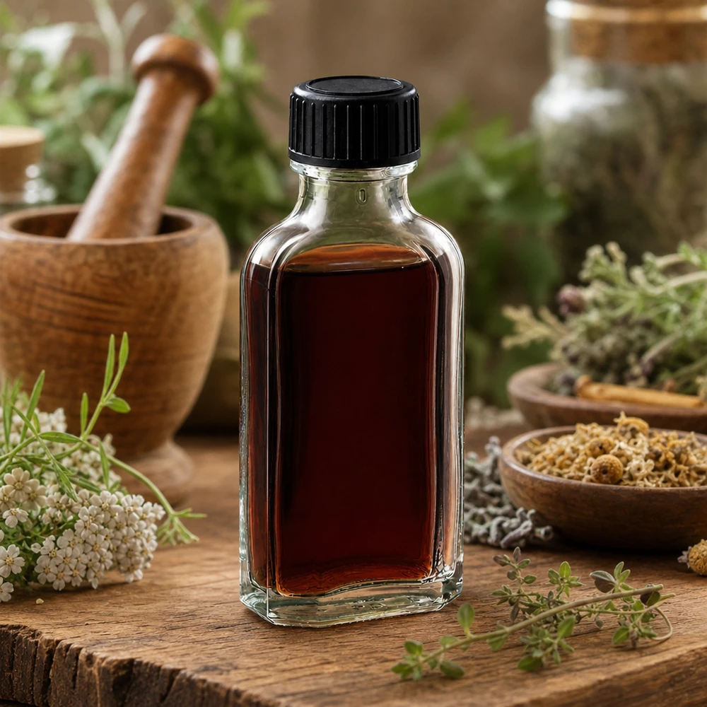 Flacone di vetro Meplat piatto da 50 ml con tappo a vite nero, tra erbe fresche e un mortaio di legno