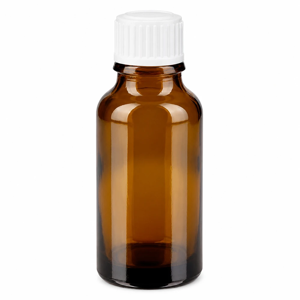 Flacone contagocce da 20 ml in vetro da farmacia di colore marrone con tappo di sicurezza per bambini bianco