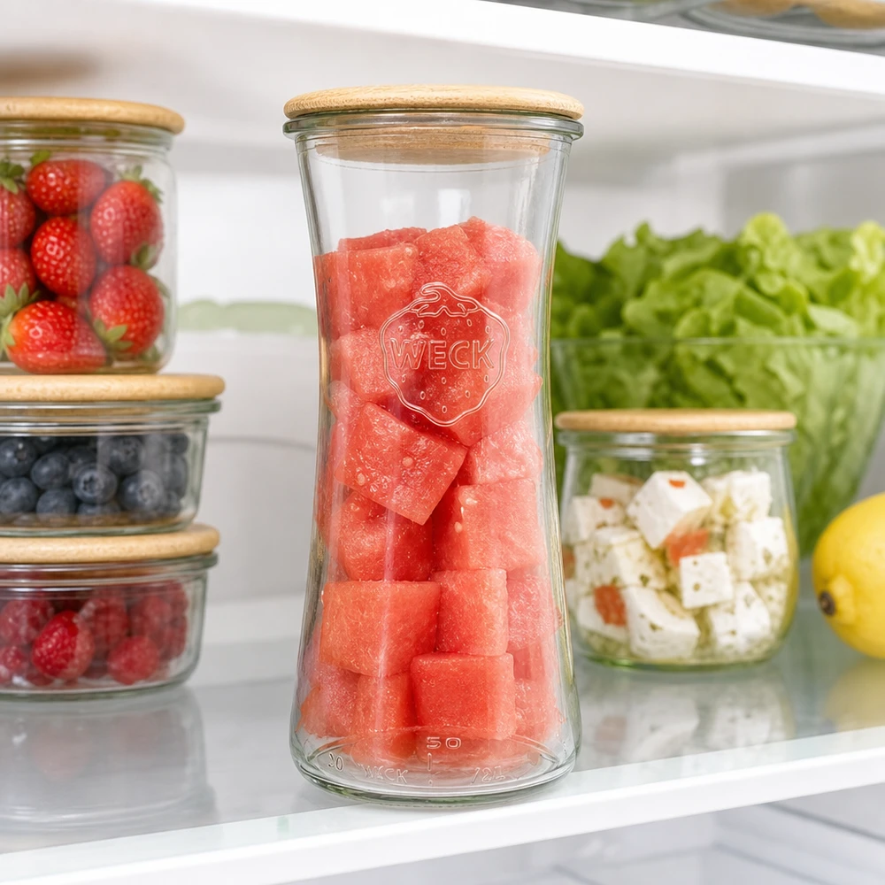 Barattolo da 700 ml WECK RR80 con coperchio di legno Vaso di conservazione WECK 700ml RR80 riempito di anguria in frigorifero tra frutti di bosco freschi e insalata