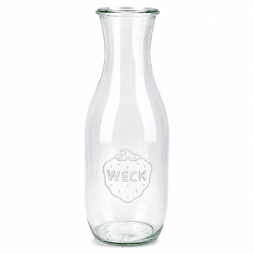 Bottiglia per succhi di frutta WECK 1062ml RR60 in vetro trasparente con logo in rilievo e ampia apertura per succhi e bevande