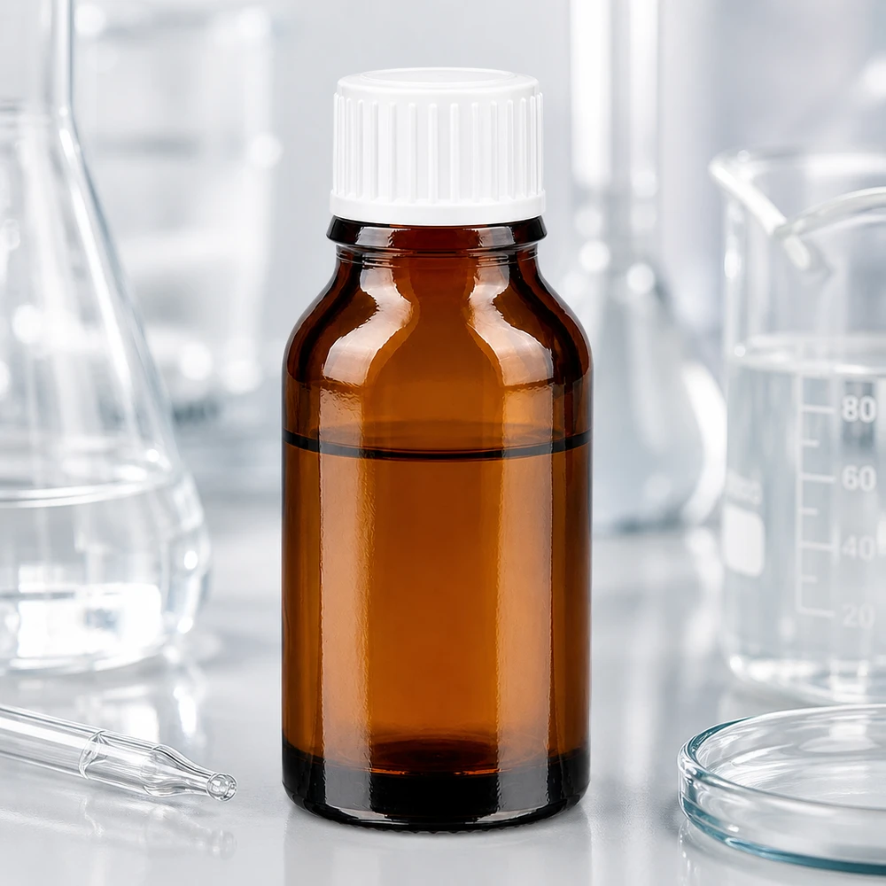 Flacone da farmacia marrone da 15 ml con tappo di sicurezza per bambini bianco in ambiente di laboratorio