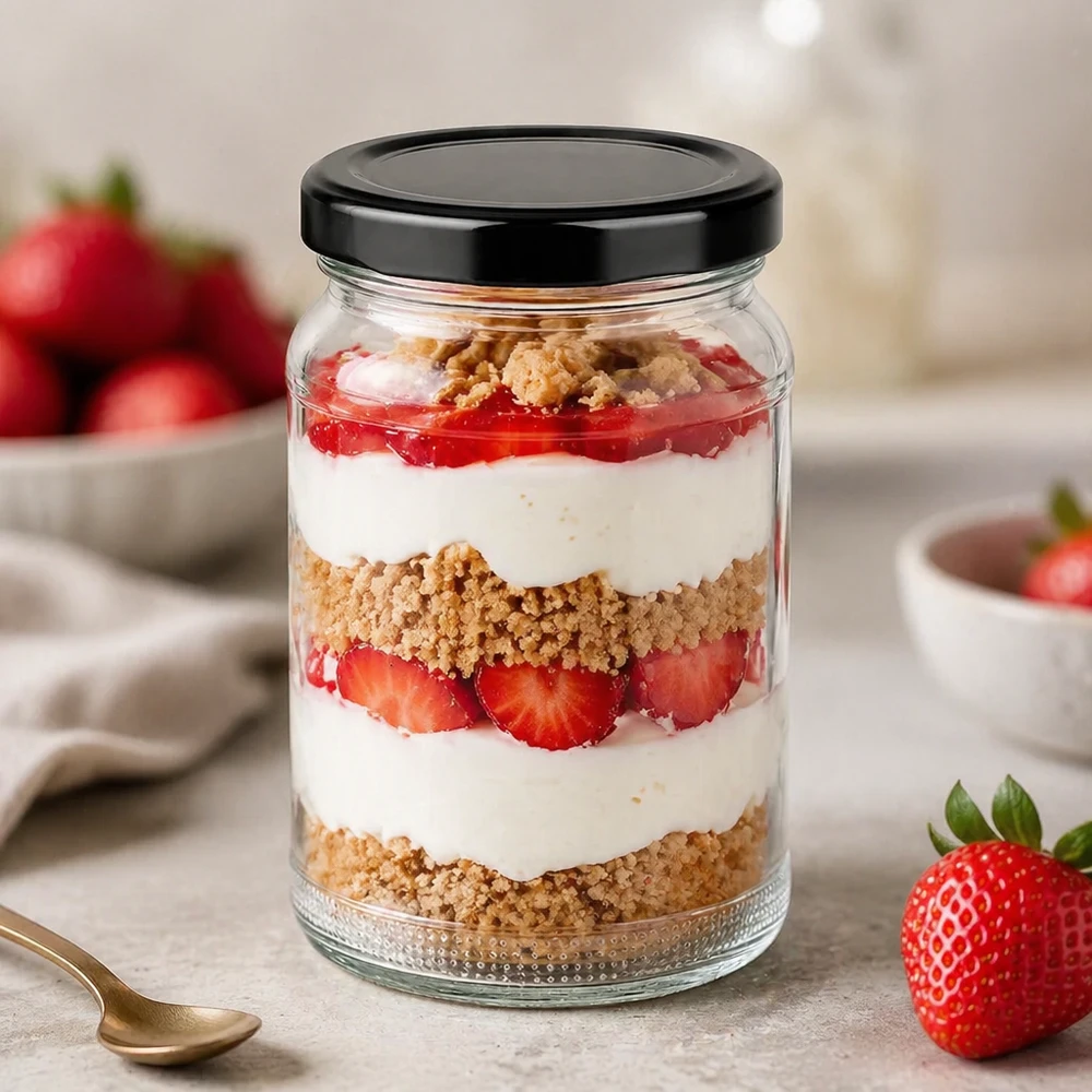 UNiTWIST Runda110 con coperchio nero. Coperchio TO48 BasicSeal UNiTWIST Vasetto da dessert rotondo in vetro da 110 ml con dessert a strati alla fragola e alla panna e coperchio nero TO48 BasicSeal