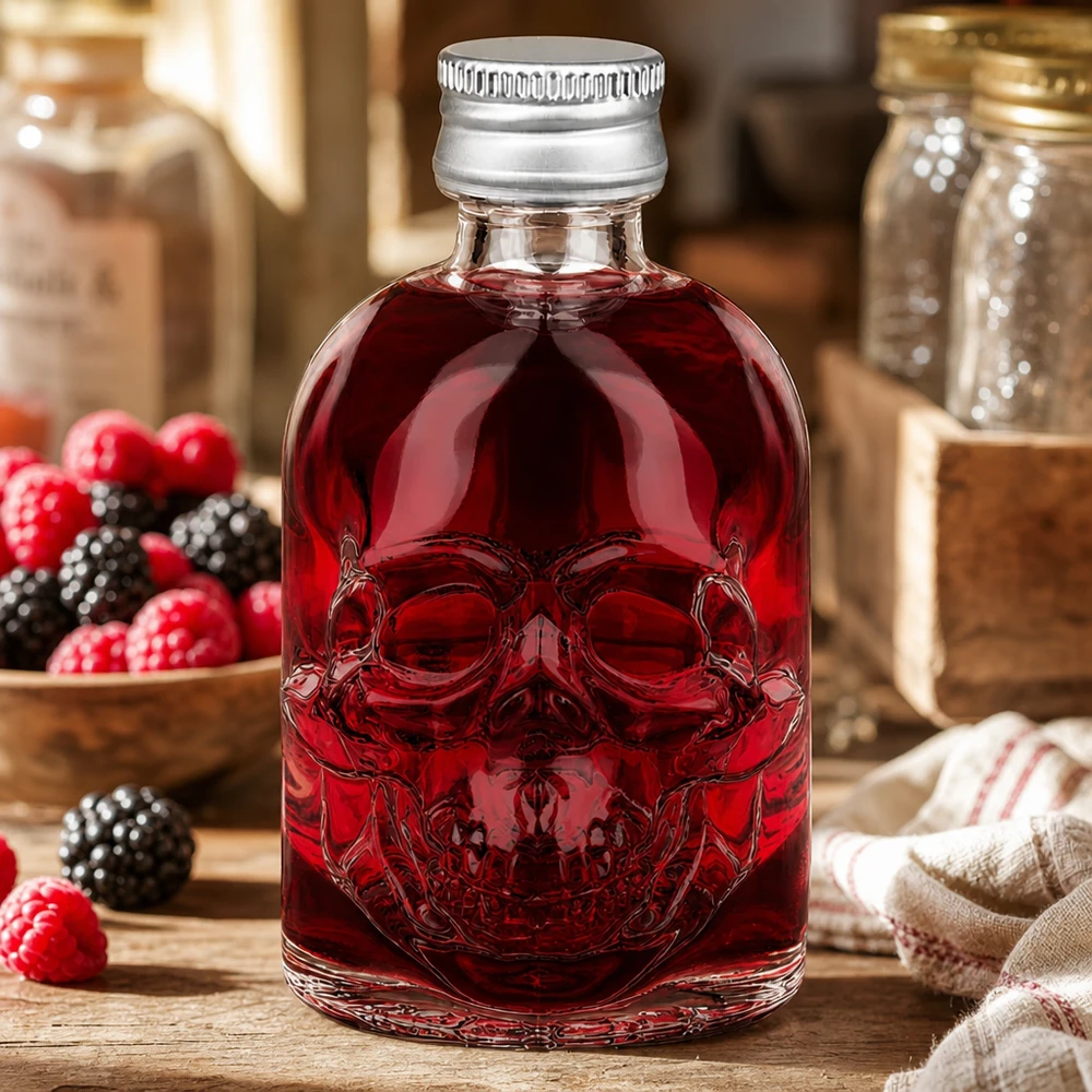 Bottiglia in vetro da 50 ml di Hector con ripieno di liquore ai frutti rossi tra lamponi e more in cucina rustica