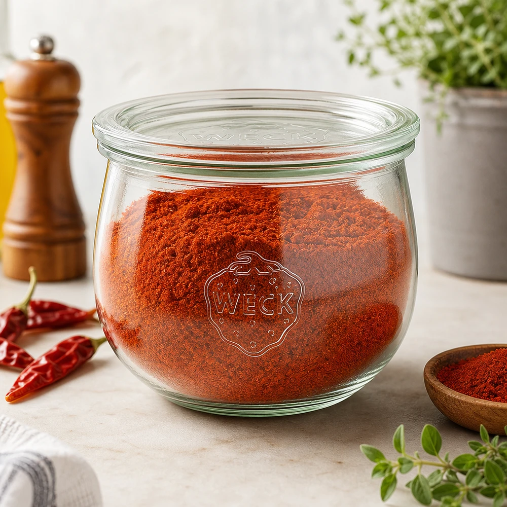 Barattolo a tulipano da 580 ml con coperchio in vetro WECK RR100 WECK Tulpenglas 580ml RR100 mit rotem Paprikapulver gefüllt als stilvolle Gewürz-Aufbewahrung in der Küche