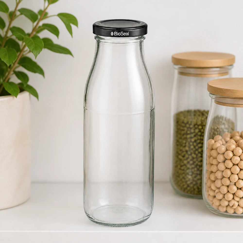 Bottiglia di vetro da 500 ml + coperchio BioSeal nero UN.. Bottiglia di vetro da 500 ml con coperchio nero BioSeal in ambiente di cucina accanto a vasi con legumi e piante
