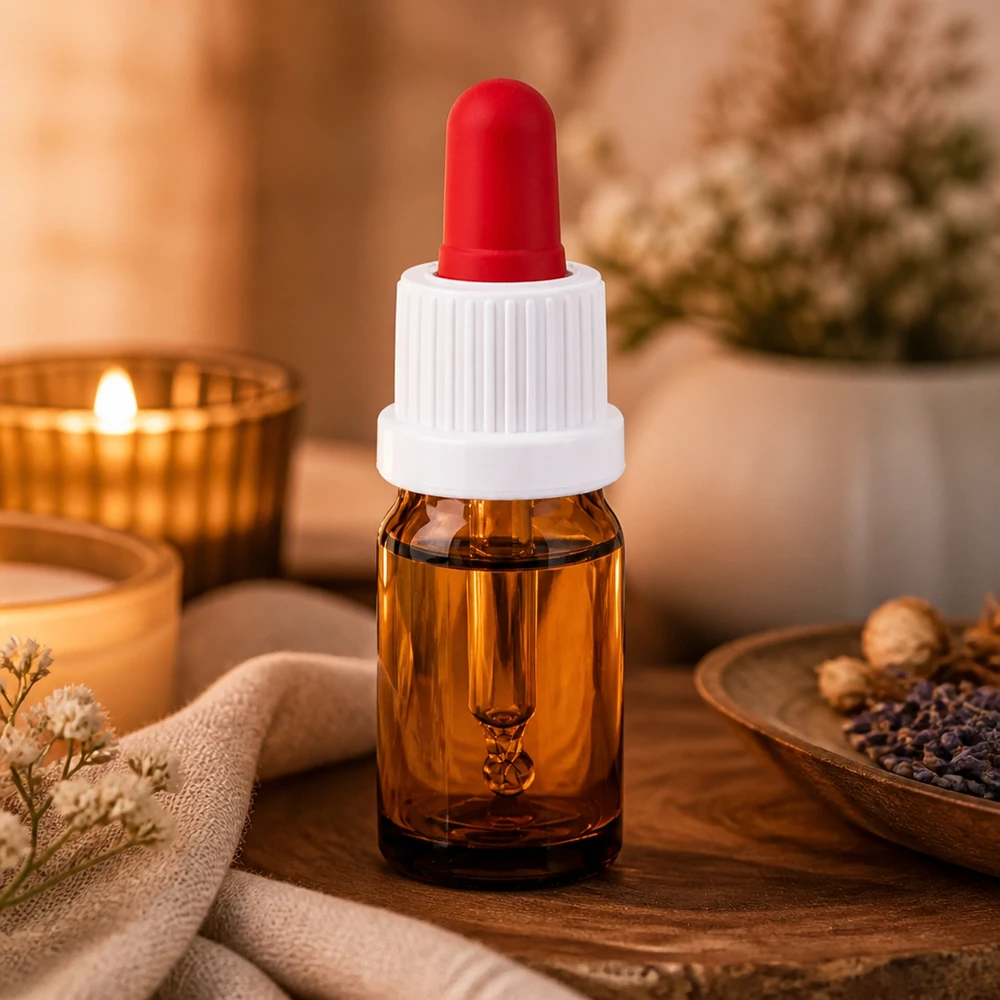 Bottiglia per pipette da 5 ml bianco/rosso OV BrownLine UT18/5 Flacone a pipetta di alta qualità da 5 ml in vetro ambrato con protezione UV e tappo contagocce ergonomico