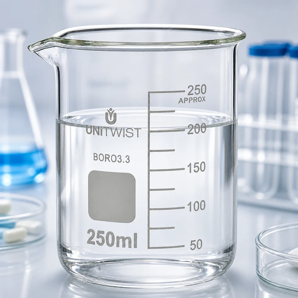 Bicchiere da laboratorio da 250 ml, di forma bassa, riempito con acqua limpida fino al segno dei 200 ml