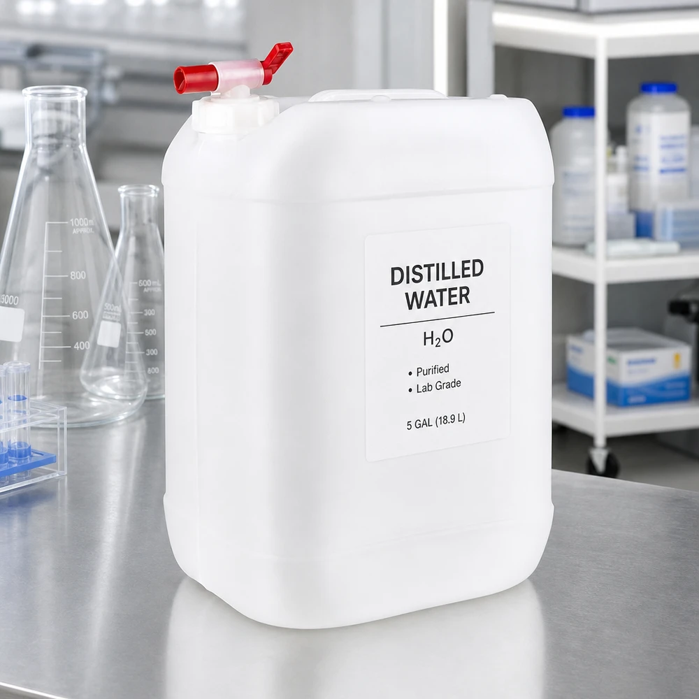 Acqua distillata in tanica da 25 litri con rubinetto, in laboratorio su un tavolo in acciaio inossidabile