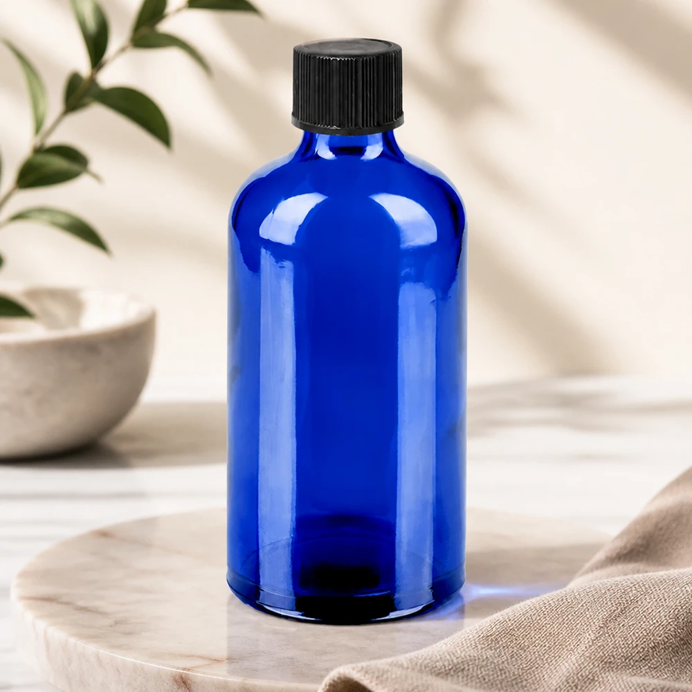 Flacone contagocce da 100 ml 1 mm nero STD BlueLine UT18/100 Flacone contagocce blu cobalto da 100 ml con tappo nero standard per la conservazione sicura di sostanze sensibili alla luce