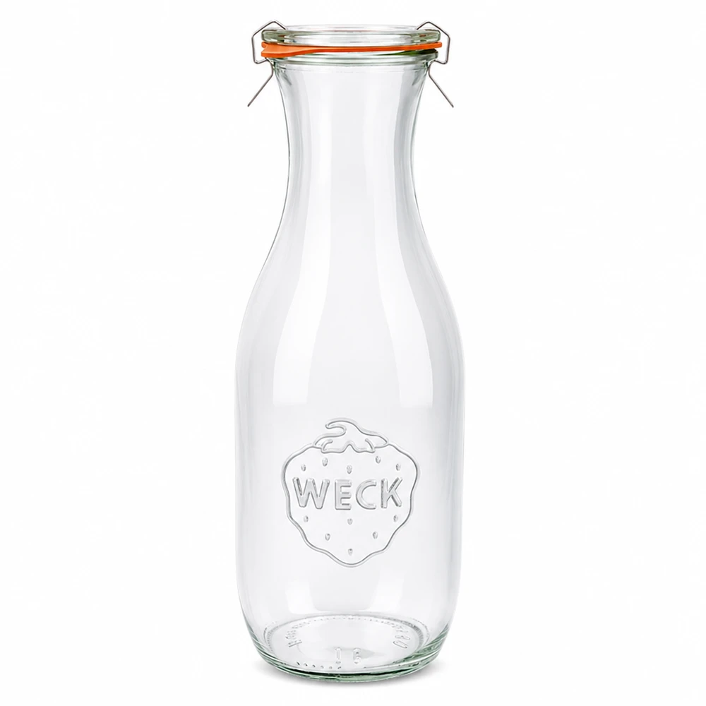 Bottiglia per succhi di frutta WECK da 1062 ml in vetro con tappo girevole e anello in gomma completa RR60 trasparente