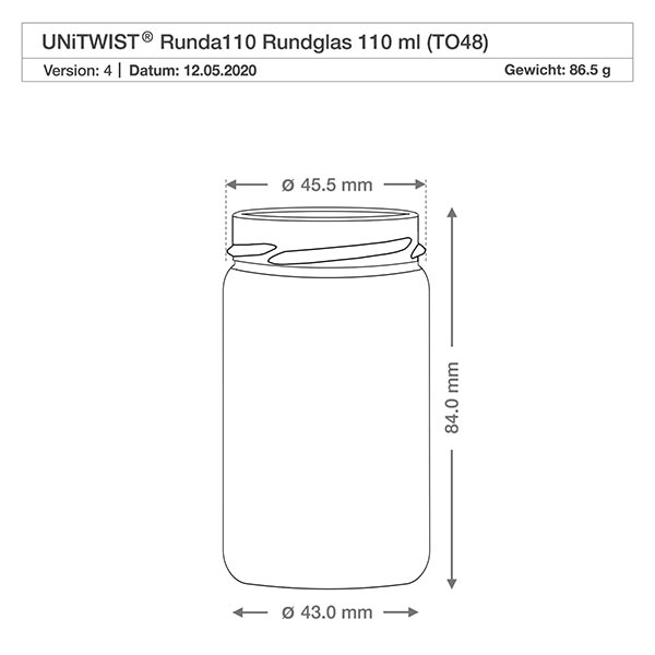 UNiTWIST Runda110 - Barattolo rotondo capacità 110ml TO48 Disegno tecnico UNiTWIST Runda110 bicchiere rotondo 110ml TO48 con dimensioni 45,5 mm di diametro e 84 mm di altezza