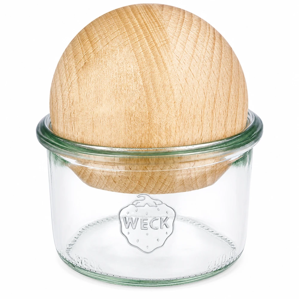 Bicchieri WECK 200ml RR80 con coperchio in legno di faggio a forma di palla, vetro trasparente con logo WECK, vaso di conservazione sostenibile