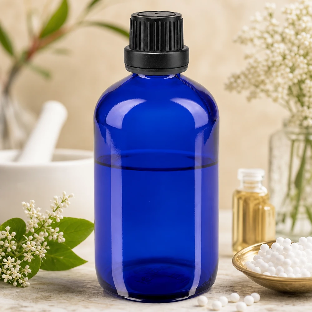 Bottiglia da farmacia blu da 100 ml. SV OV nero/11mm ApoGlas Bottiglia di vetro blu da 100 ml con tappo contagocce nero, davanti a un mortaio e un pestello