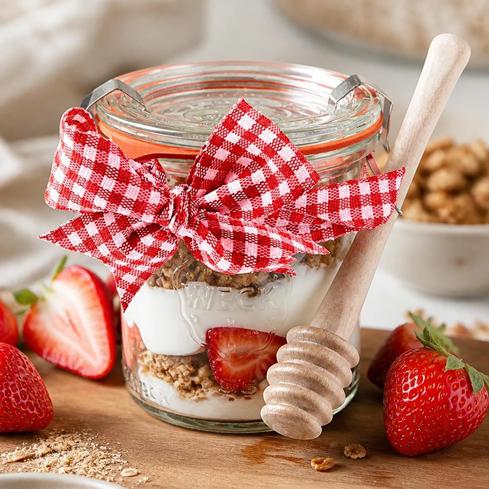 WECK mini mason jar 140ml yogurt muesli fragole dessert a strati cucchiaio miele legno Vichy fiocco rosso bianco