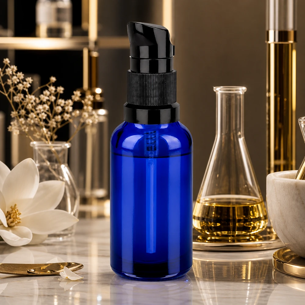 Flacone a pompa da 30 ml nero STD BlueLine UT18/30 Pratico flacone a pompa da 30 ml in vetro blu, perfetto per i sieri anti-età.