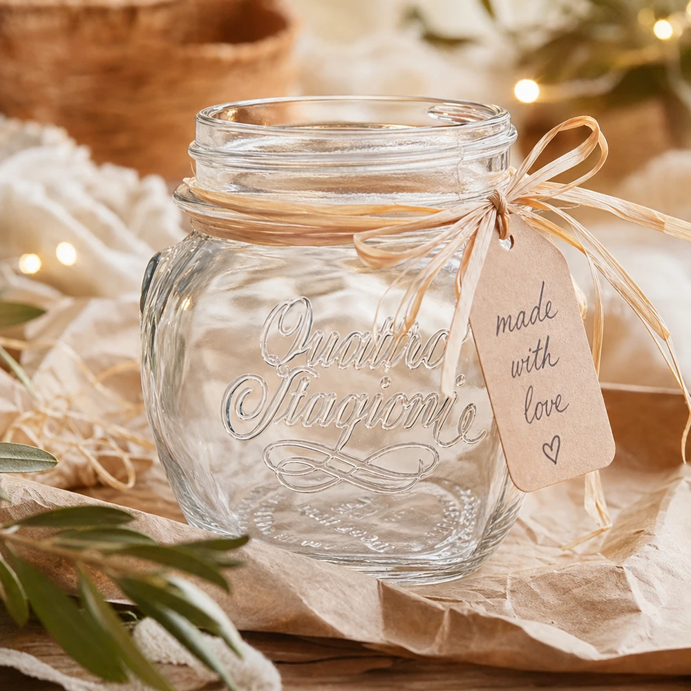 Barattolo Quattro Stagioni da 300 ml con coperchio e fiocco come confezione regalo su un tavolo di legno