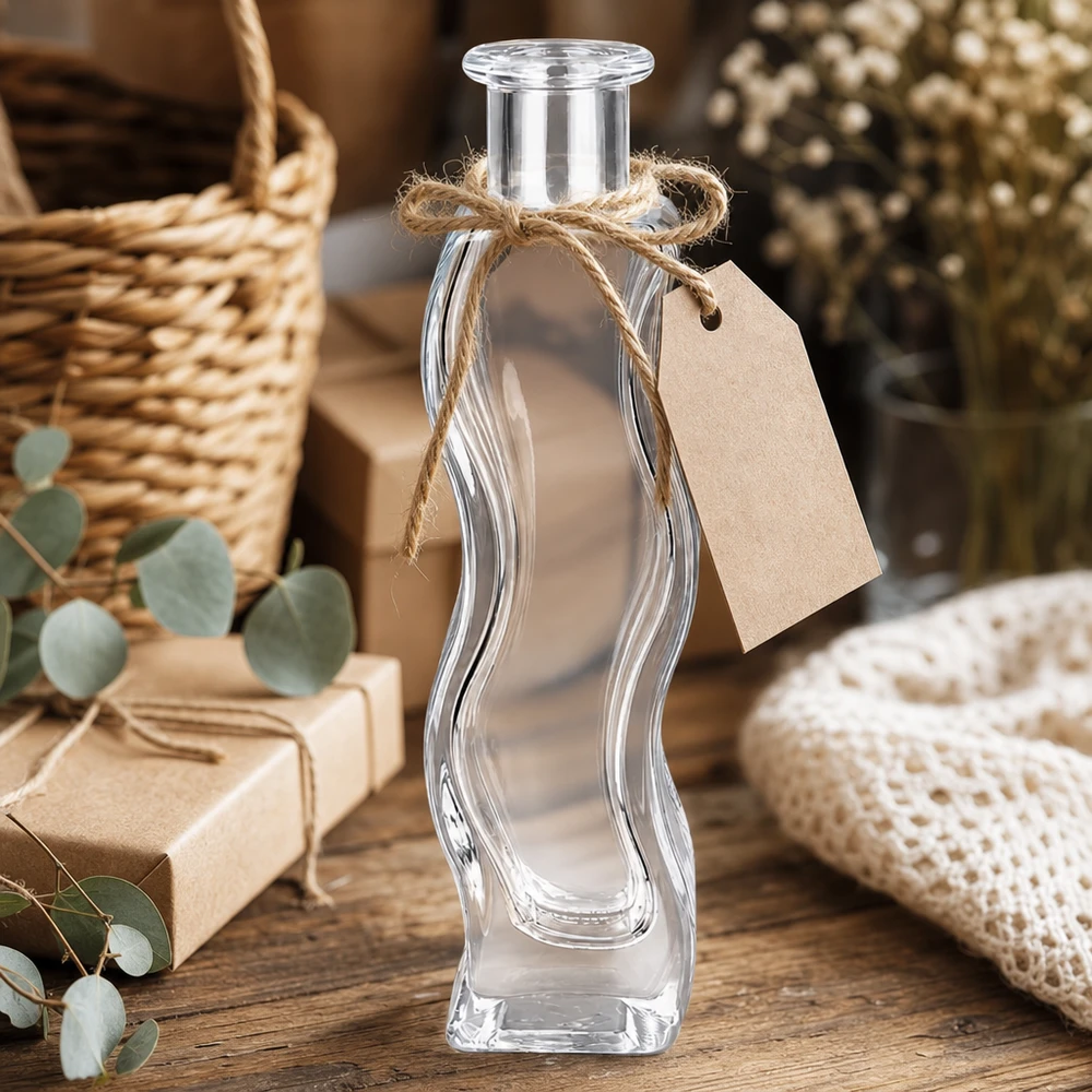 Flacone in vetro da 100 ml Melissa senza tappo UNiTWIST® Bottiglia di vetro Melissa da 100 ml con ciondolo in carta kraft e cordino di iuta, decorata in un ambiente rustico con eucalipto.