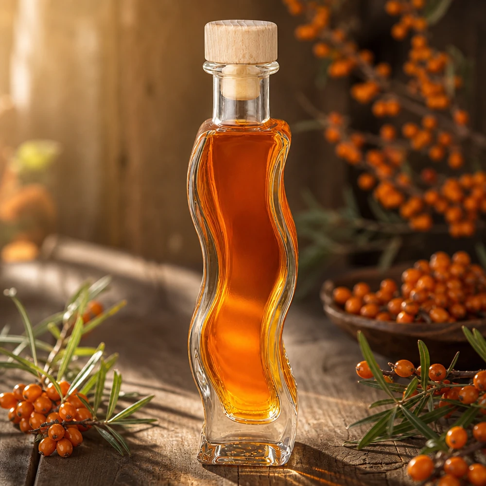 Bottiglia di vetro Melissa 100ml riempita con olio di olivello spinoso tra rami di olivello spinoso decorazione naturale tappo di legno