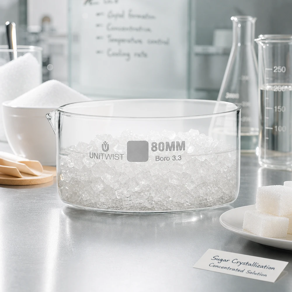 Piatto per cristallizzazione ø80 mm in vetro borosilicato UNiTWIST Cristallizzazione dello zucchero nella vaschetta di cristallizzazione UNiTWIST da 80 mm in vetro borosilicato con soluzione concentrata